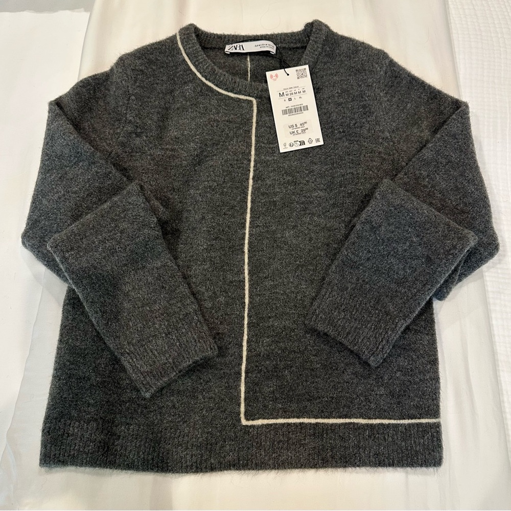 Zara Charcoal Knit Sweater with White Accent Trim